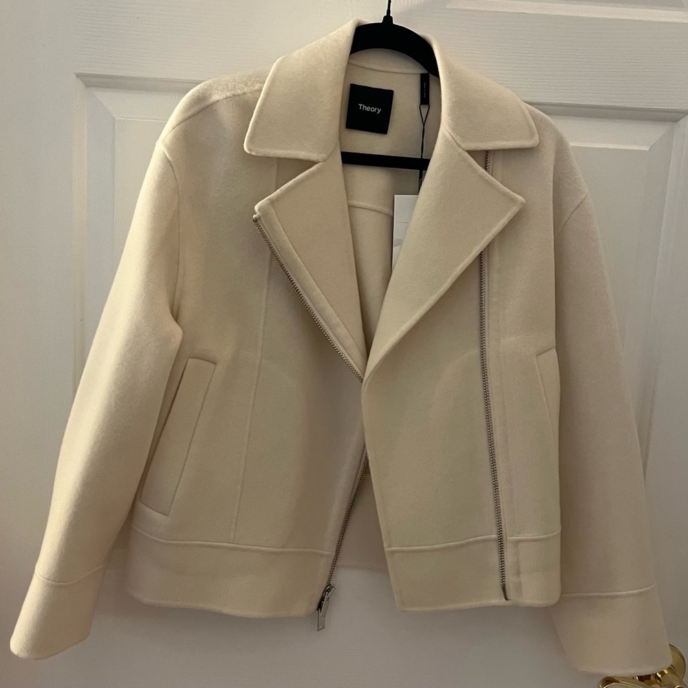 Theory NWT Oversized Moto Jacket in Double-Face Wool-Cashmere Cream 0 - Picture 4 of 11